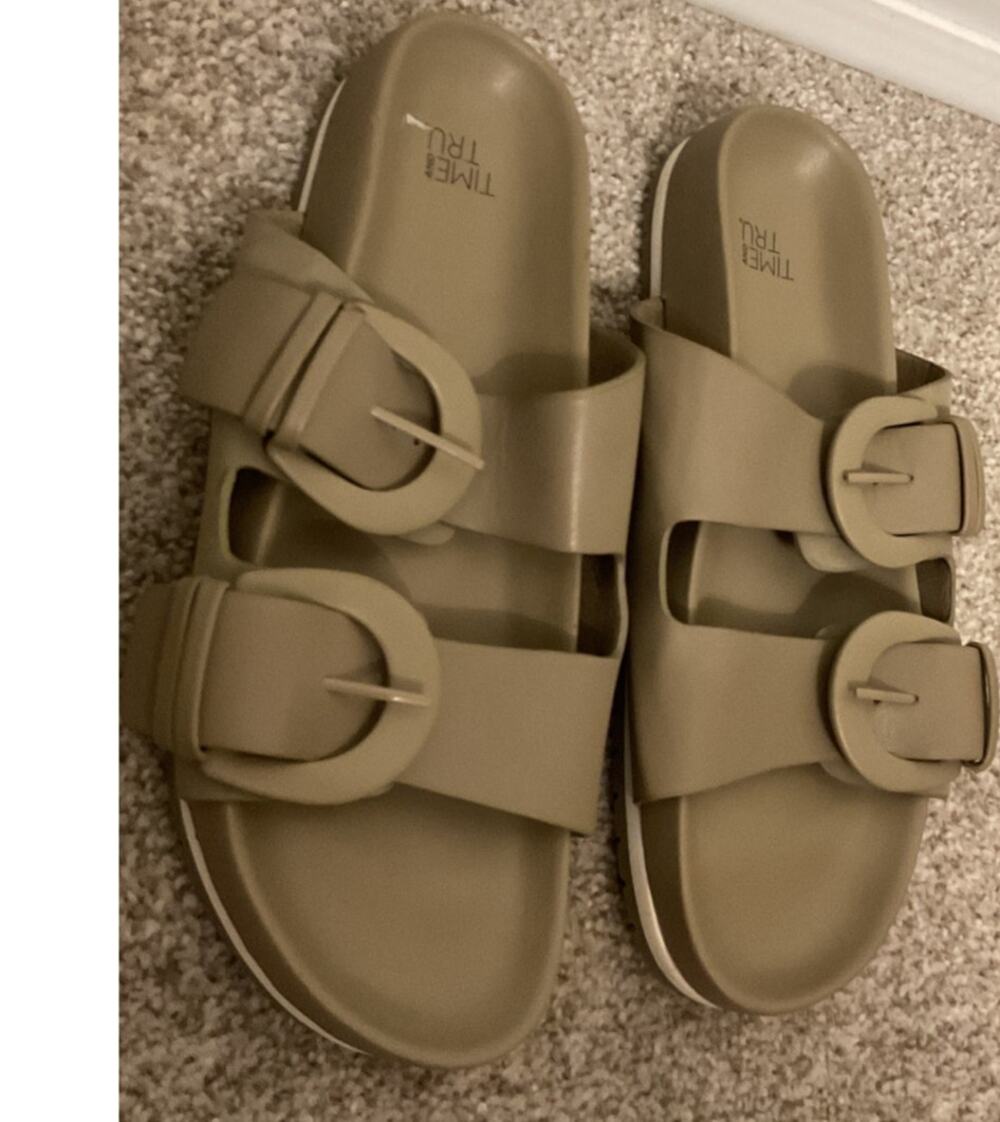 Time & Tru Double Buckle EVA Slide Sandals Taupe Women's Size 7